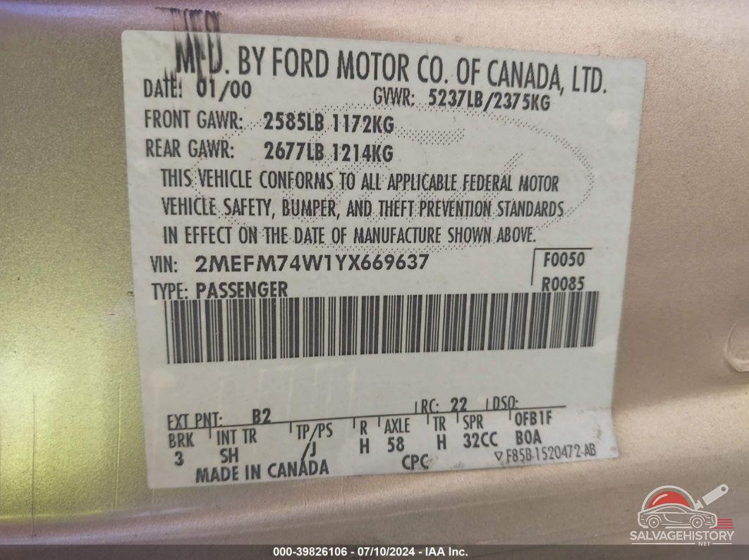 2MEFM74W1YX669637 2000 MERCURY GRAND MARQUIS photo no. 9