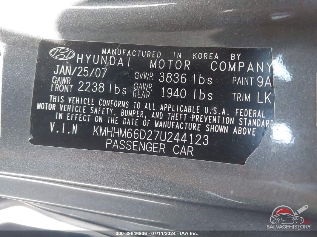 KMHHM66D27U244123 2007 HYUNDAI TIBURON photo no. 9
