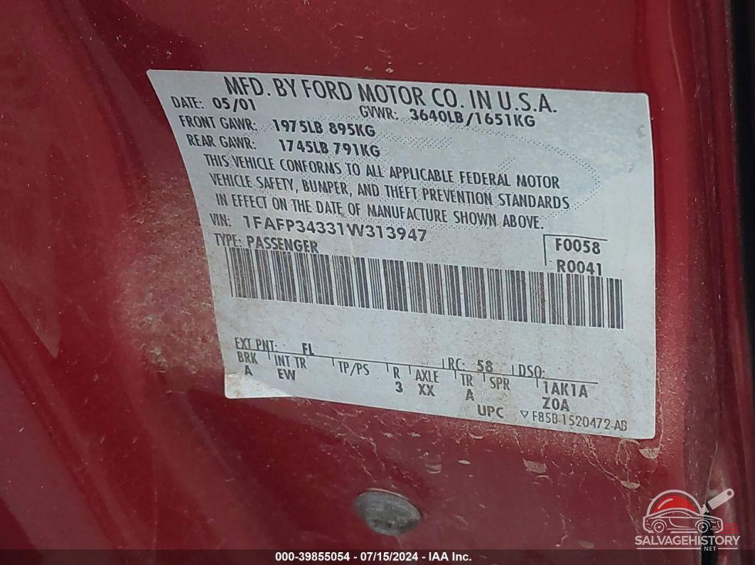 1FAFP34331W313947 2001 FORD FOCUS photo no. 9