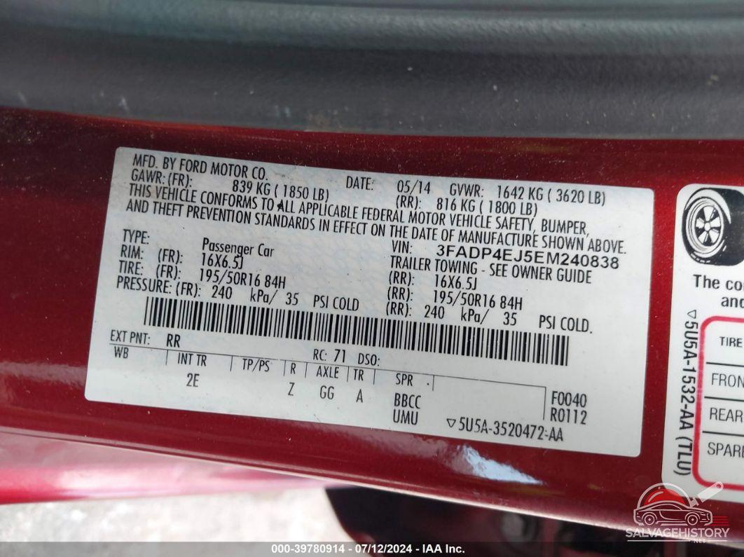 3FADP4EJ5EM240838 2014 FORD FIESTA photo no. 9