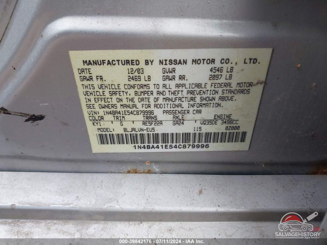 1N4BA41E54C879996 2004 NISSAN MAXIMA photo no. 9