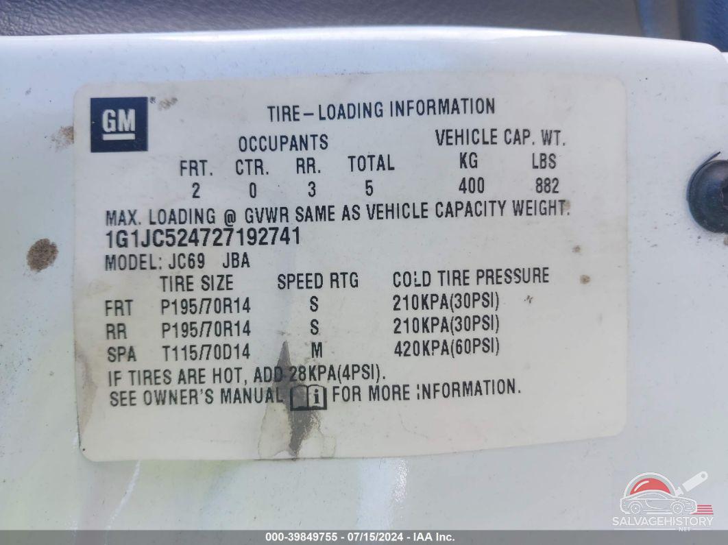 1G1JC524727192741 2002 CHEVROLET CAVALIER photo no. 9