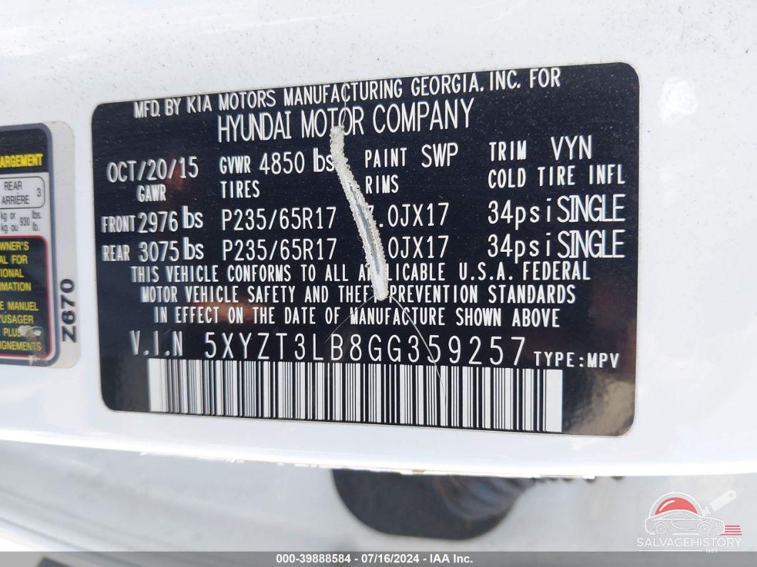 5XYZT3LB8GG359257 2016 HYUNDAI SANTA FE SPORT photo no. 9