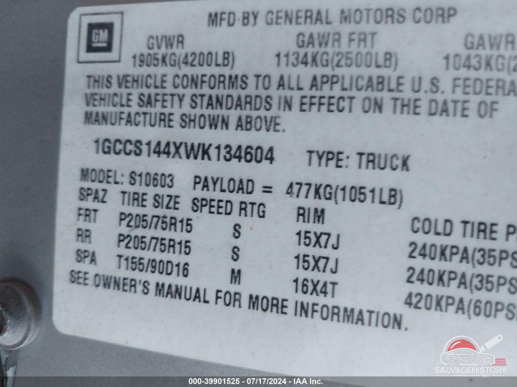 1GCCS144XWK134604 1998 CHEVROLET S-10 photo no. 9