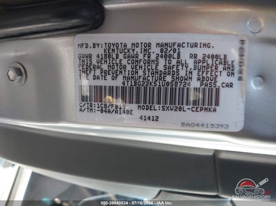 4T1BG22K51U058724 2001 TOYOTA CAMRY photo no. 9