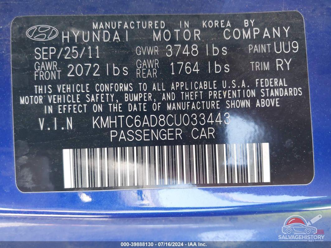 KMHTC6AD8CU033443 2012 HYUNDAI VELOSTER photo no. 9