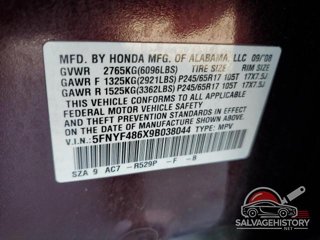 5FNYF486X9B038044 2009 HONDA PILOT photo no. 13