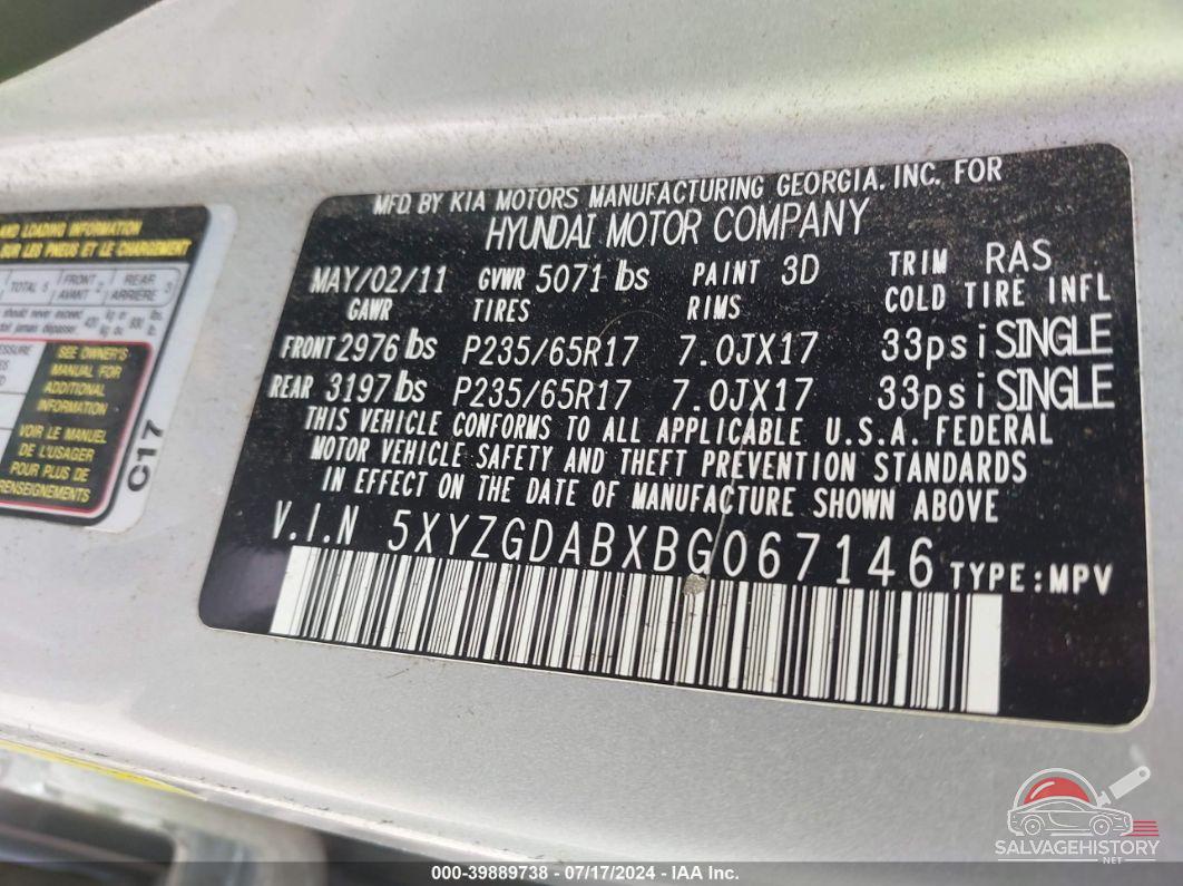 5XYZGDABXBG067146 2011 HYUNDAI SANTA FE photo no. 9