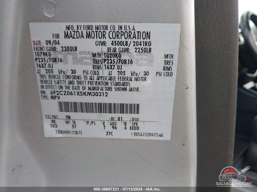 4F2CZ061X5KM30312 2005 MAZDA TRIBUTE photo no. 9
