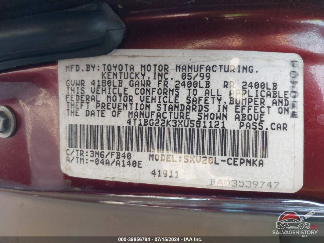 4T1BG22K3XU581121 1999 TOYOTA CAMRY photo no. 9