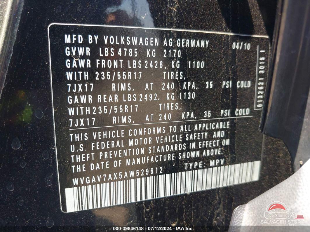 WVGAV7AX5AW529612 2010 VOLKSWAGEN TIGUAN photo no. 9