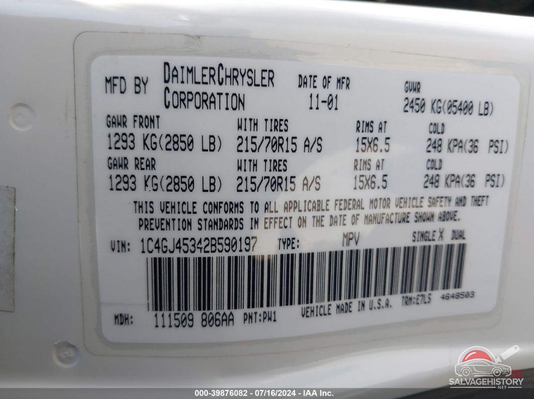 1C4GJ45342B590197 2002 CHRYSLER VOYAGER photo no. 9