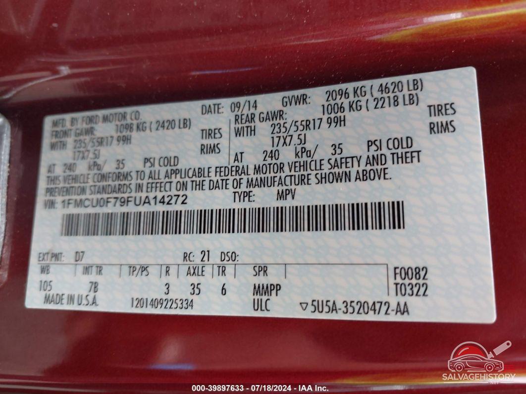 1FMCU0F79FUA14272 2015 FORD ESCAPE photo no. 9
