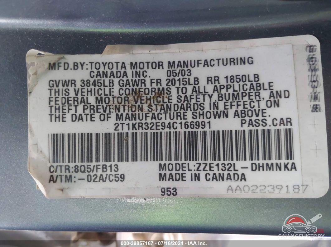 2T1KR32E94C166991 2004 TOYOTA MATRIX photo no. 9