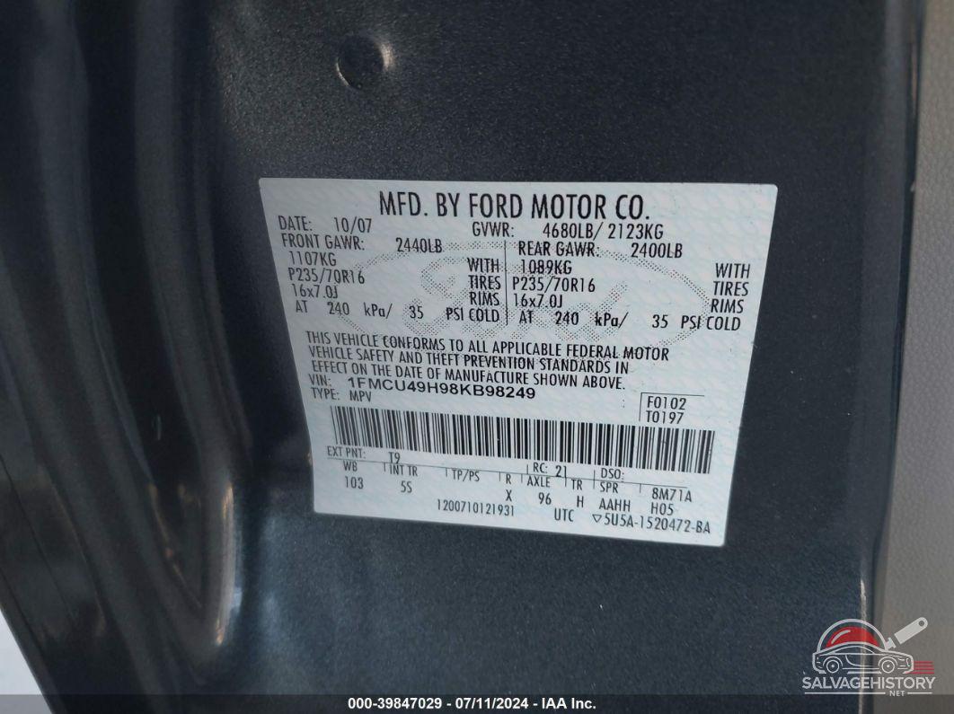 1FMCU49H98KB98249 2008 FORD ESCAPE HYBRID photo no. 9