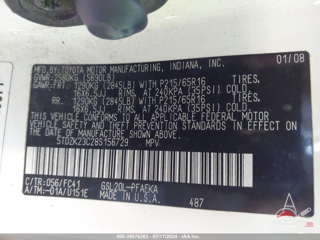 5TDZK23C28S156729 2008 TOYOTA SIENNA photo no. 9