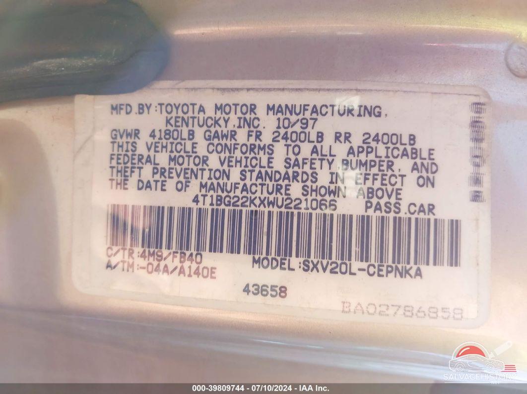 4T1BG22KXWU221066 1998 TOYOTA CAMRY photo no. 9