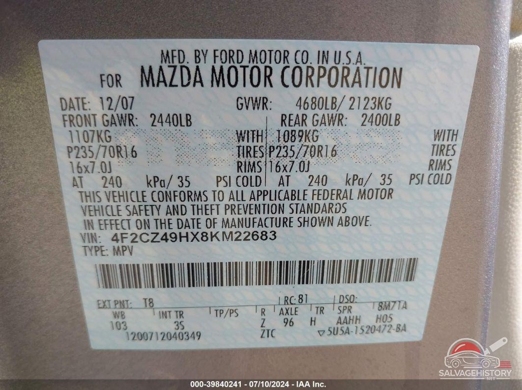 4F2CZ49HX8KM22683 2008 MAZDA TRIBUTE HYBRID photo no. 9