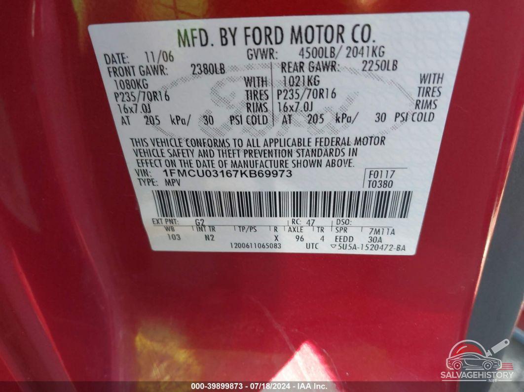 1FMCU03167KB69973 2007 FORD ESCAPE photo no. 9