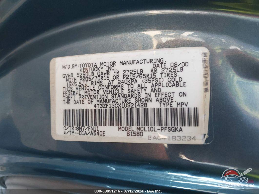 4T3ZF13CX1U321428 2001 TOYOTA SIENNA photo no. 9