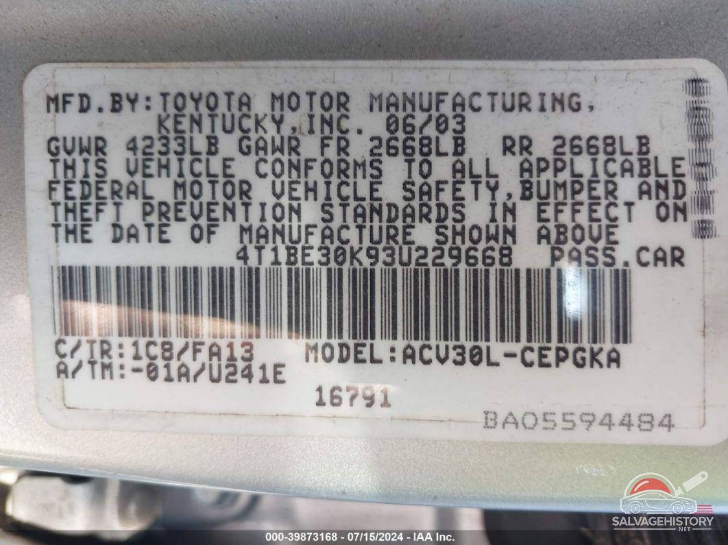 4T1BE30K93U229668 2003 TOYOTA CAMRY photo no. 9