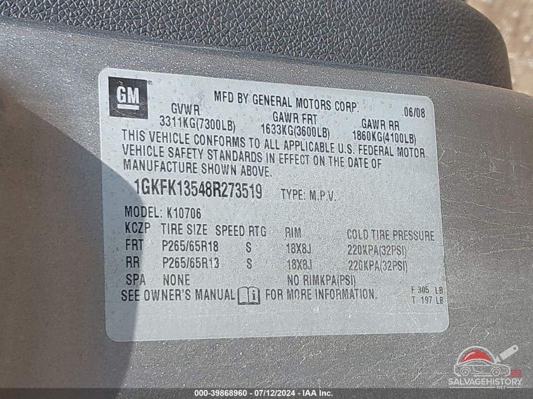 1GKFK13548R273519 2008 GMC YUKON HYBRID photo no. 9