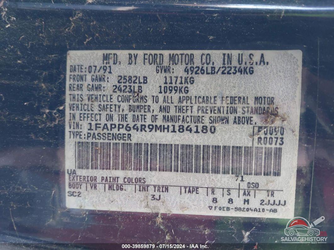 1FAPP64R9MH184180 1991 FORD THUNDERBIRD photo no. 9