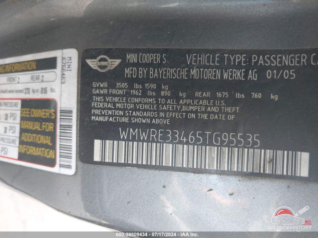 WMWRE33465TG95535 2005 MINI COOPER S photo no. 9