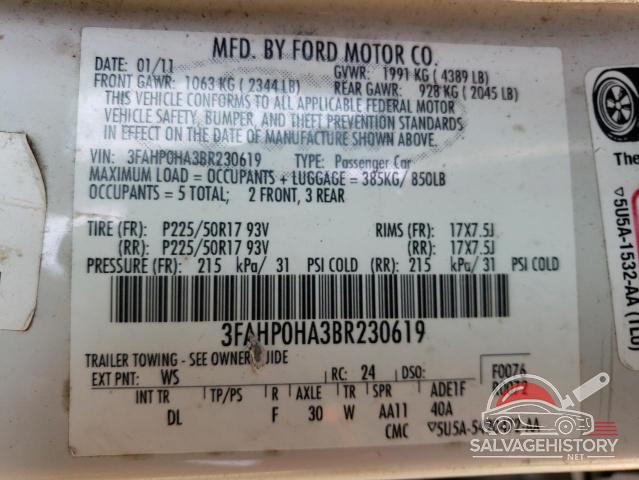 3FAHP0HA3BR230619 2011 FORD FUSION photo no. 12