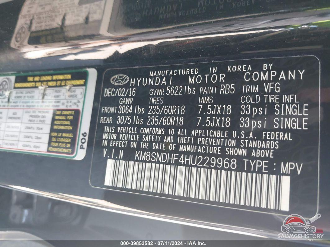 KM8SNDHF4HU229968 2017 HYUNDAI SANTA FE photo no. 9