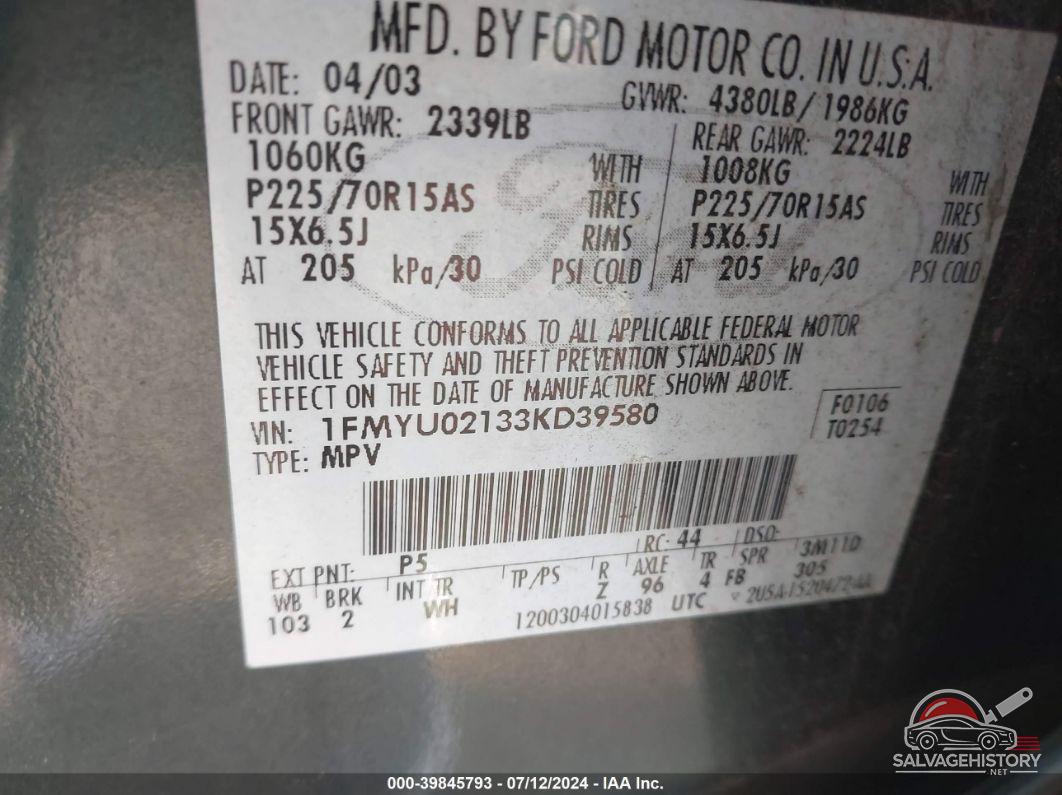 1FMYU02133KD39580 2003 FORD ESCAPE photo no. 9