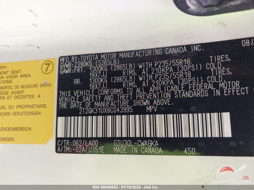 2T2GK31UX8C043995 2008 LEXUS RX 350 photo no. 9