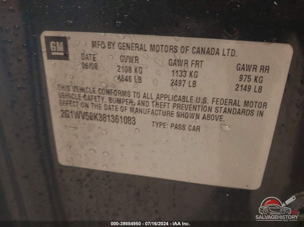 2G1WV58K381361083 2008 CHEVROLET IMPALA photo no. 9