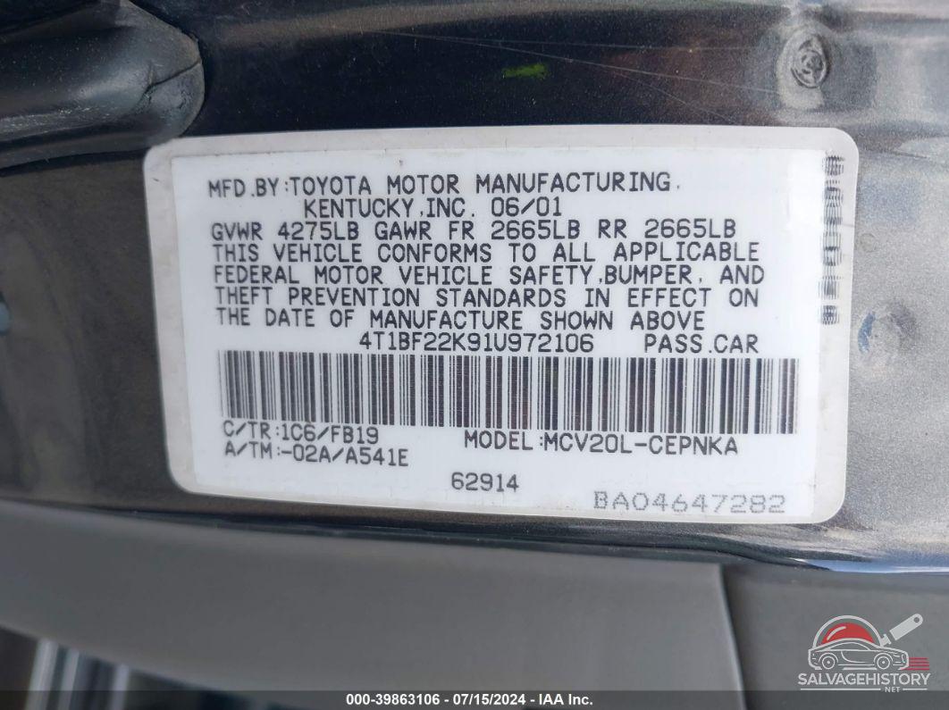 4T1BF22K91U972106 2001 TOYOTA CAMRY photo no. 9