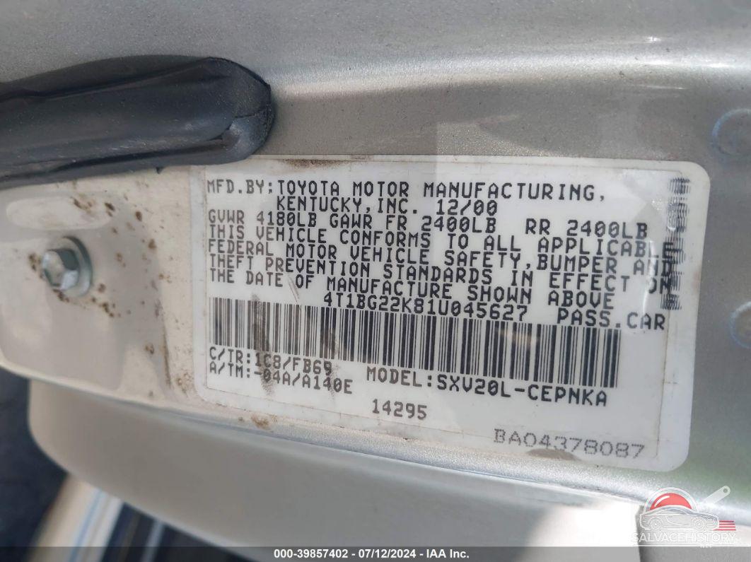 4T1BG22K81U045627 2001 TOYOTA CAMRY photo no. 9
