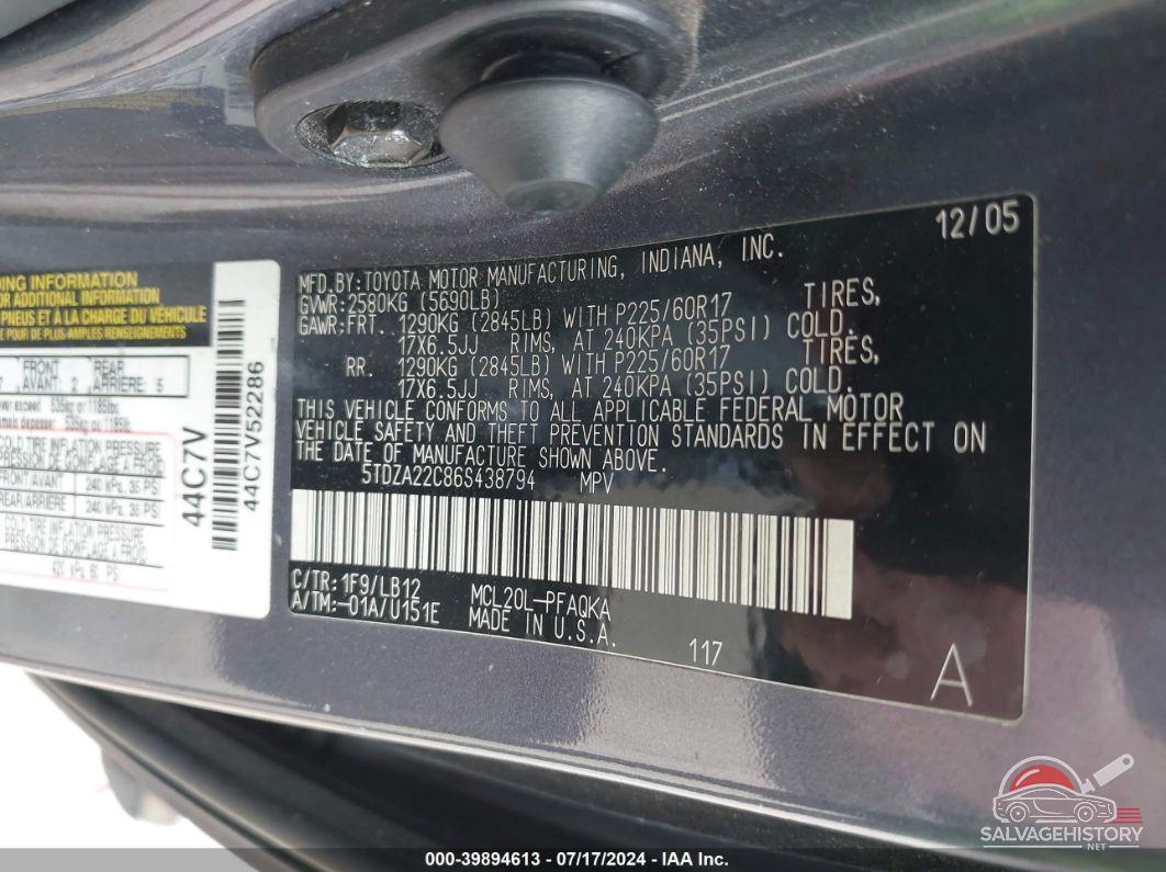 5TDZA22C86S438794 2006 TOYOTA SIENNA photo no. 9
