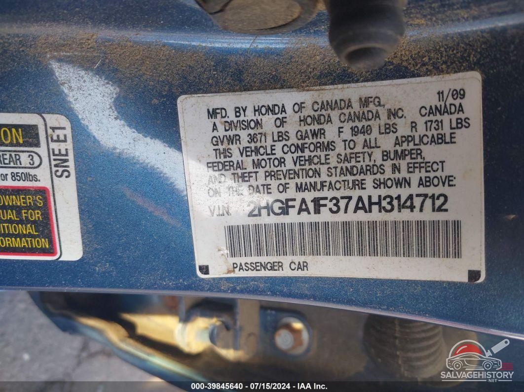 2HGFA1F37AH314712 2010 HONDA CIVIC photo no. 9