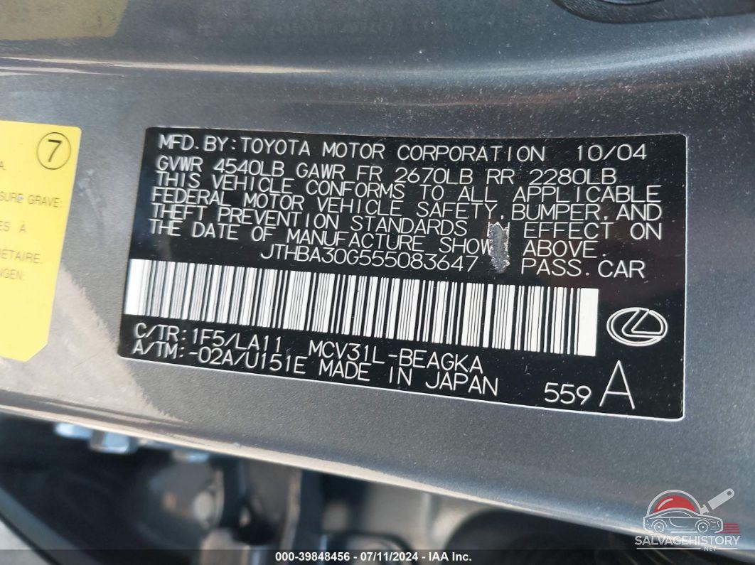 JTHBA30G555083647 2005 LEXUS ES 330 photo no. 9