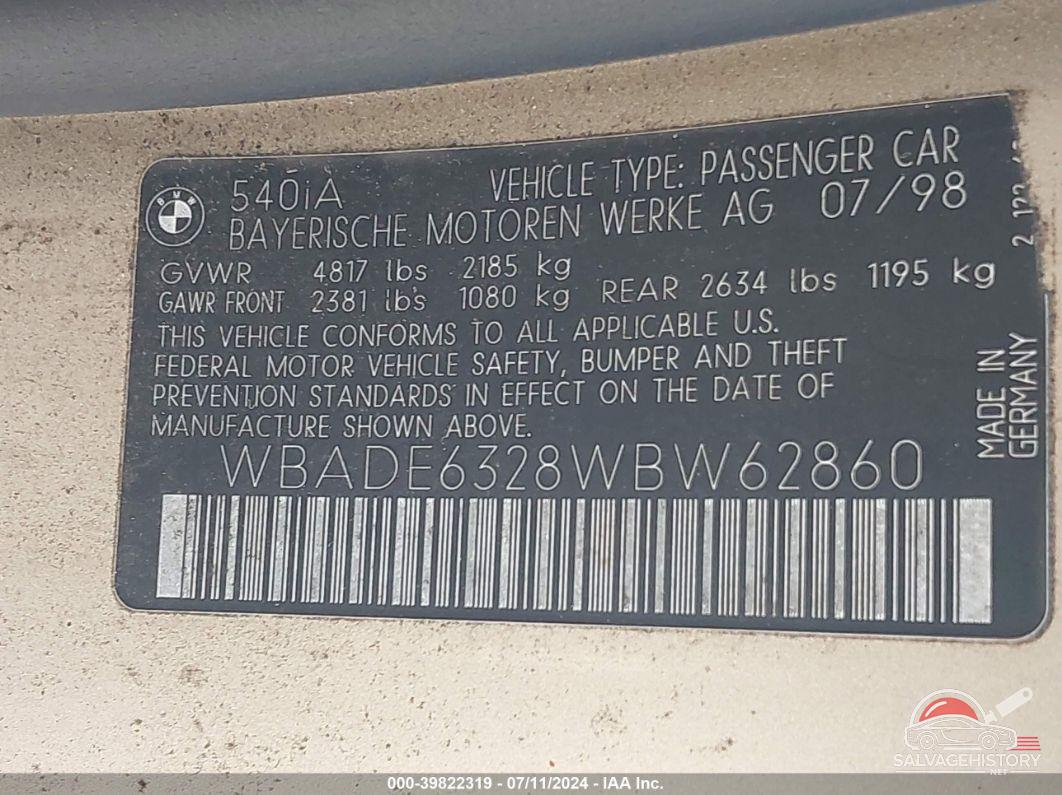 WBADE6328WBW62860 1998 BMW 540IA photo no. 9