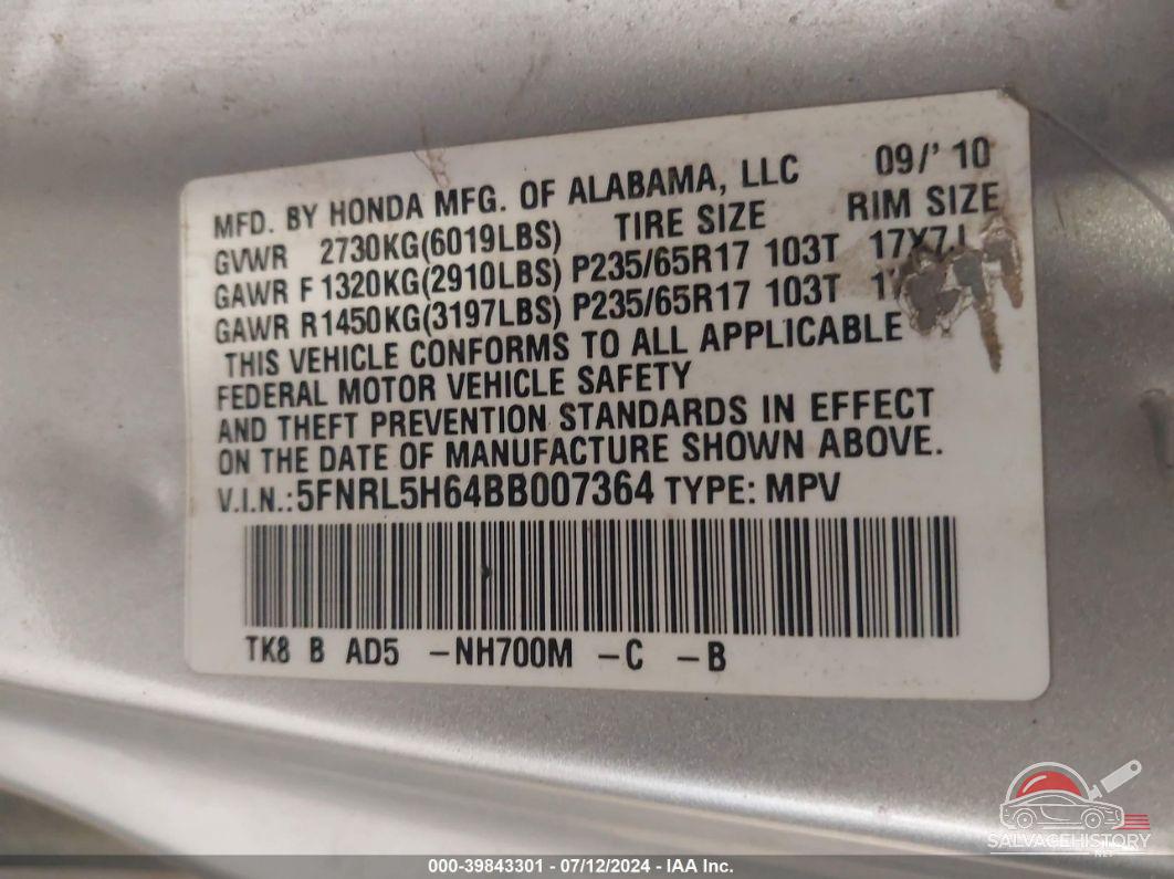 5FNRL5H64BB007364 2011 HONDA ODYSSEY photo no. 9
