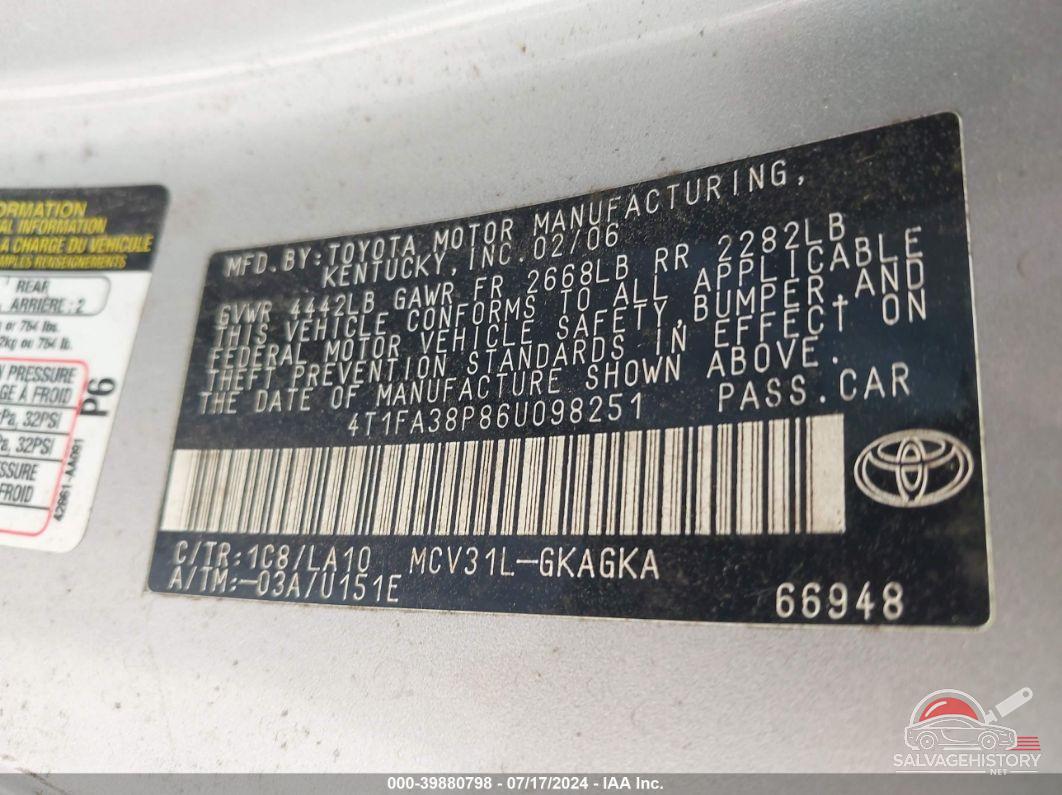 4T1FA38P86U098251 2006 TOYOTA CAMRY SOLARA photo no. 9