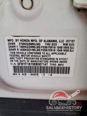 5FNYF18708B007147 2008 HONDA PILOT photo no. 13