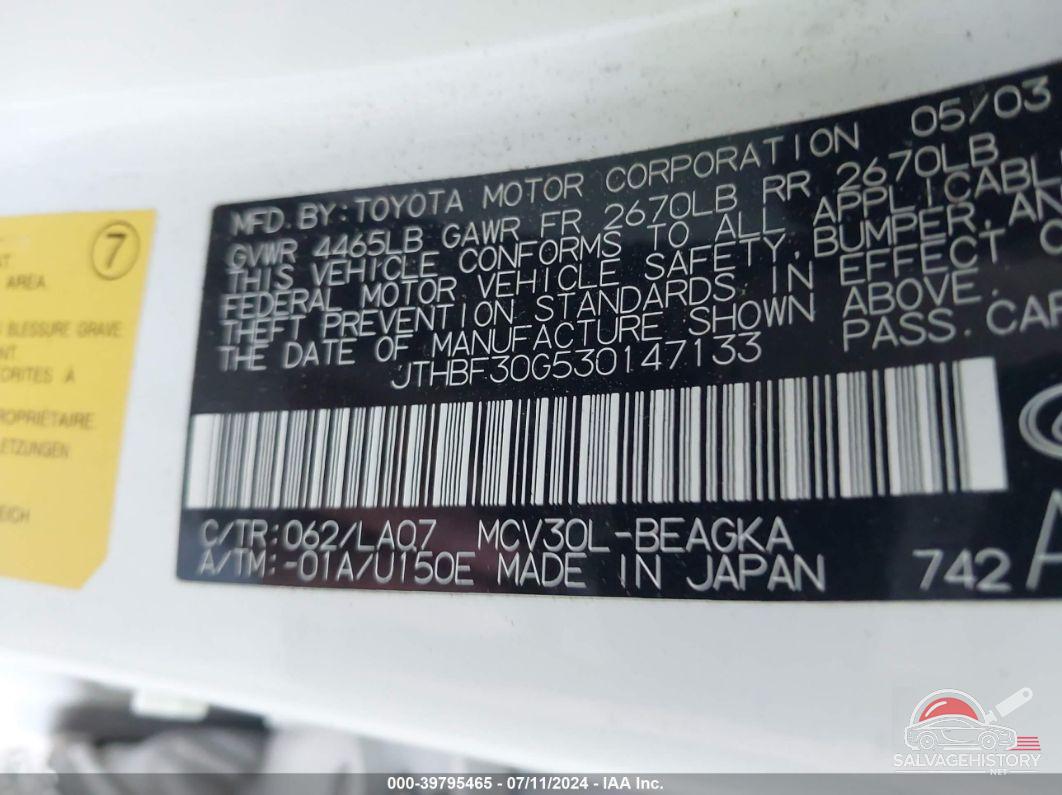 JTHBF30G530147133 2003 LEXUS ES photo no. 9