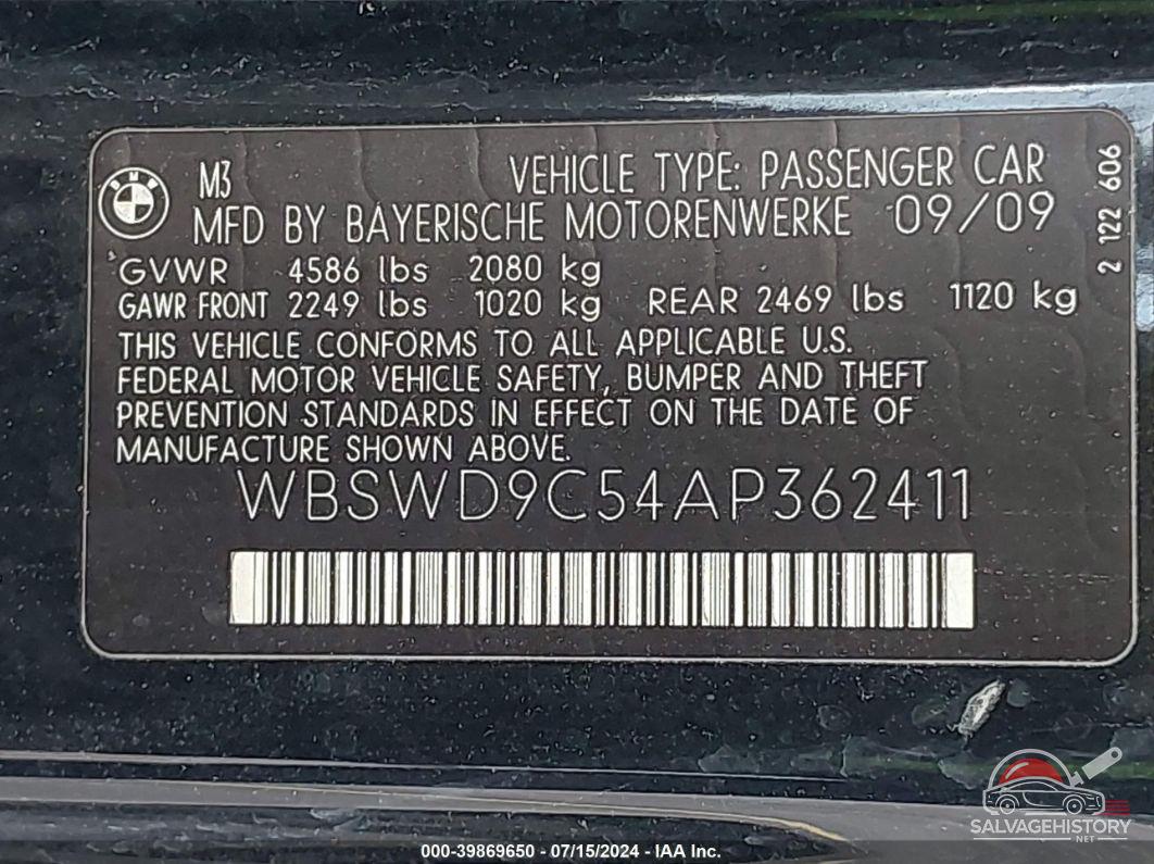 WBSWD9C54AP362411 2010 BMW M3 photo no. 9