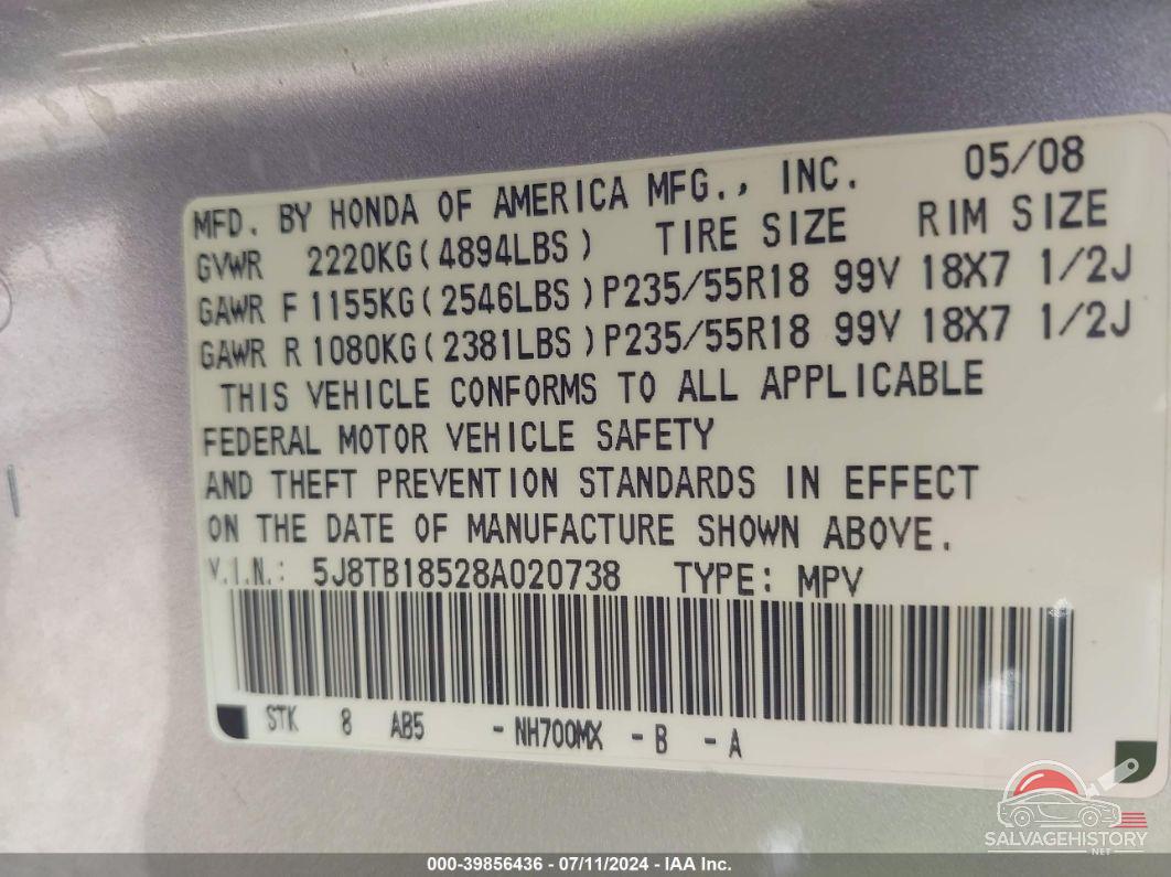 5J8TB18528A020738 2008 ACURA RDX photo no. 9