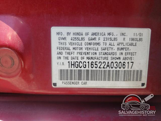 1HGCG16522A030617 2002 HONDA ACCORD photo no. 12