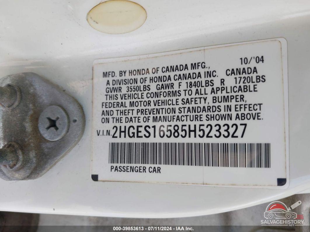 2HGES16585H523327 2005 HONDA CIVIC photo no. 9
