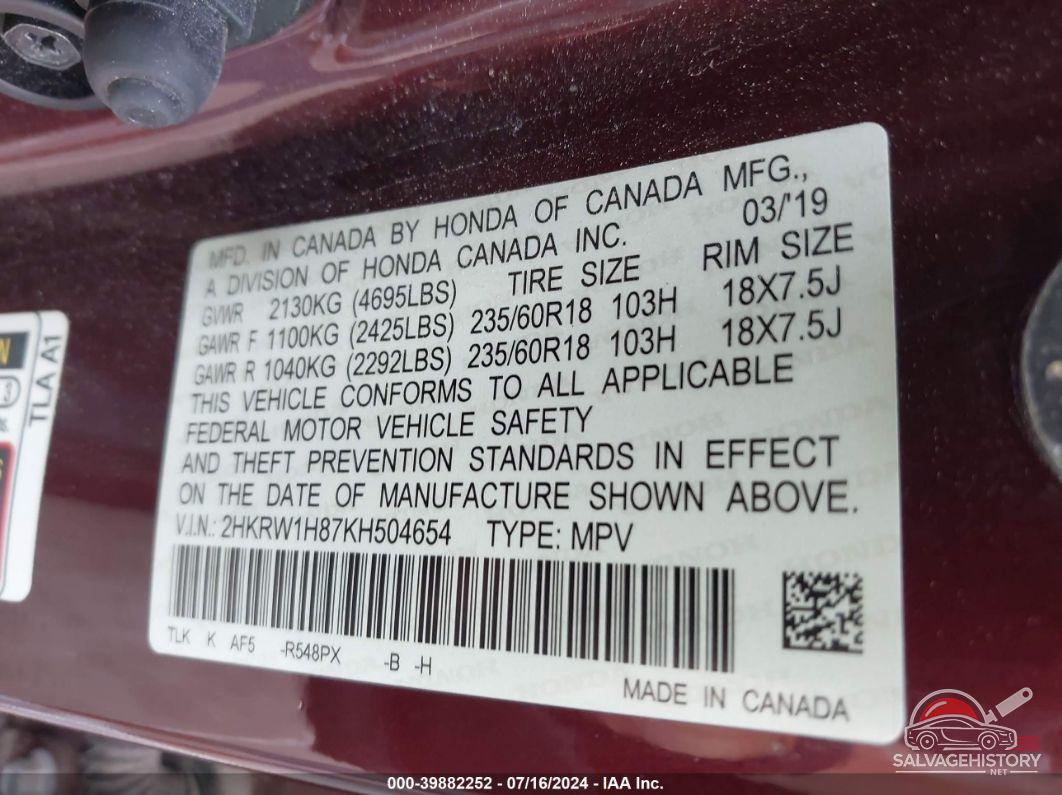 2HKRW1H87KH504654 2019 HONDA CR-V photo no. 9