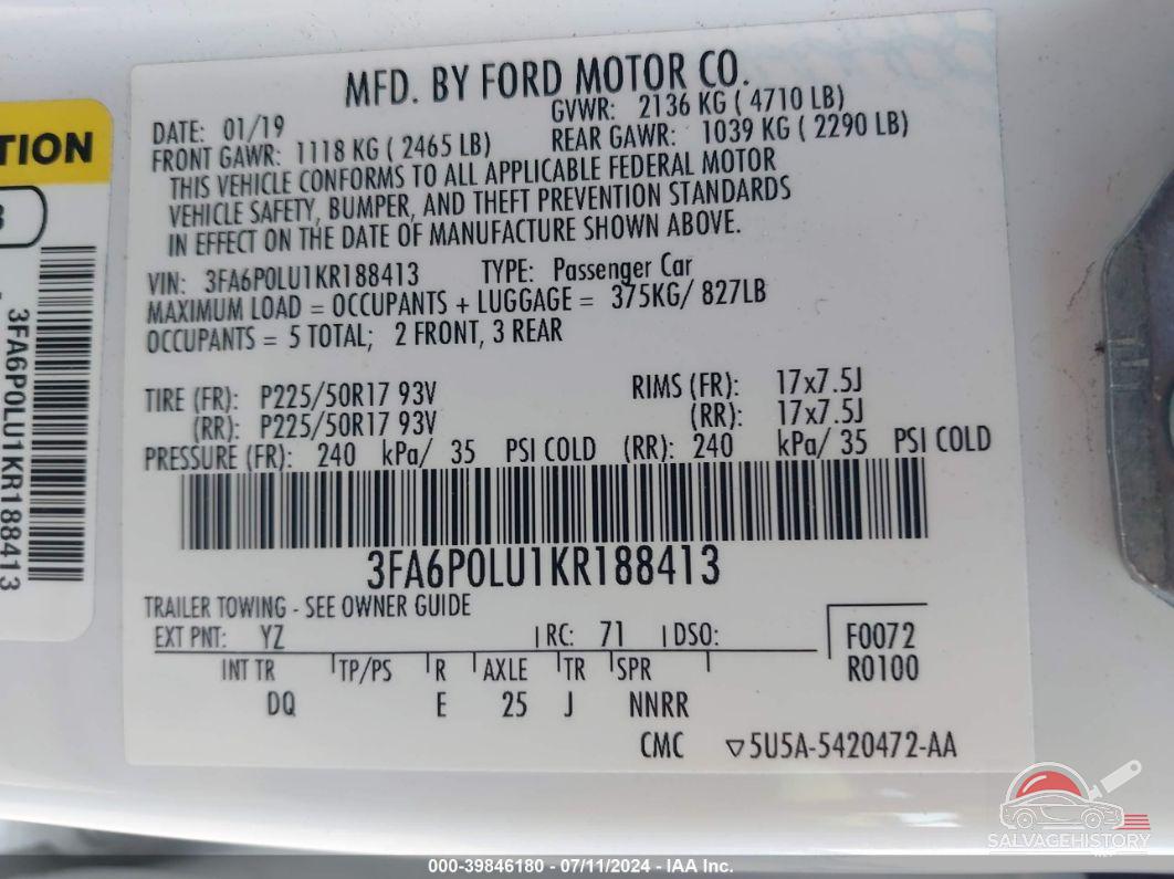 3FA6P0LU1KR188413 2019 FORD FUSION HYBRID photo no. 9