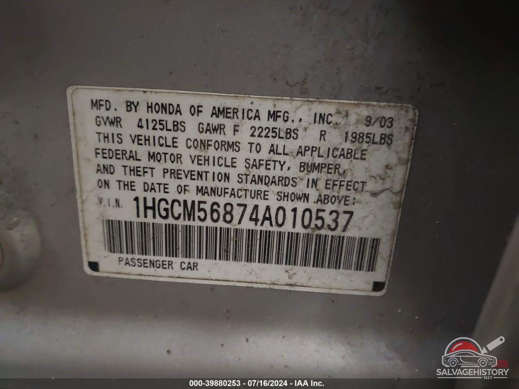 1HGCM56874A010537 2004 HONDA ACCORD photo no. 9